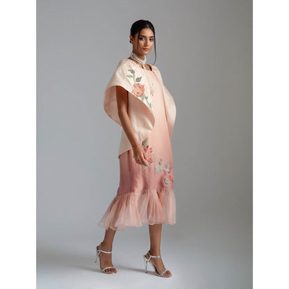 GEE SIN by Geetanjali Singh Peach Ombre Midi Dress with Cape Jacket (Set of 2)