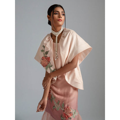 GEE SIN by Geetanjali Singh Peach Ombre Midi Dress with Cape Jacket (Set of 2)
