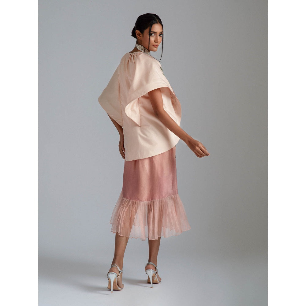 GEE SIN by Geetanjali Singh Peach Ombre Midi Dress with Cape Jacket (Set of 2)