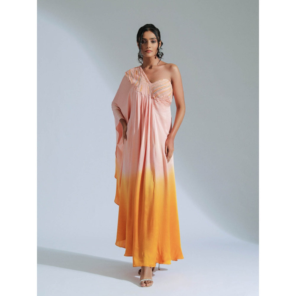 GEE SIN by Geetanjali Singh Peach One Shoulder Kaftan Drape Dress