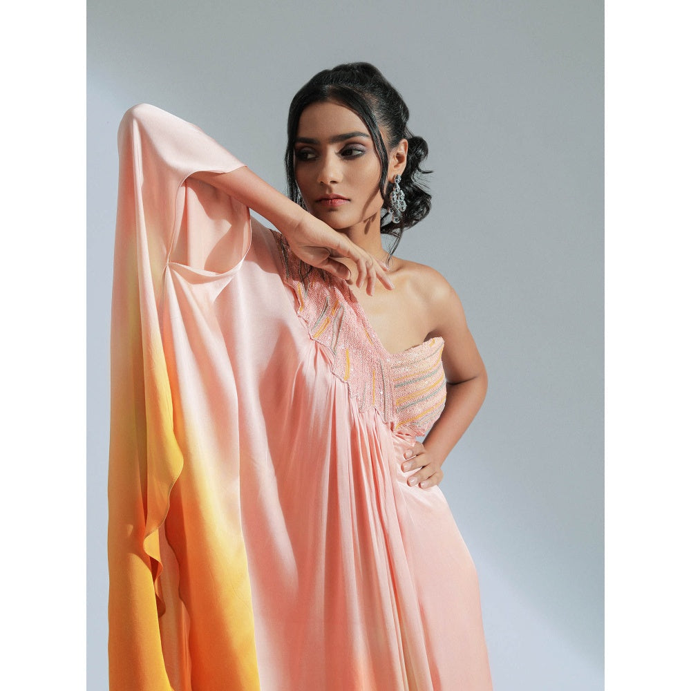GEE SIN by Geetanjali Singh Peach One Shoulder Kaftan Drape Dress