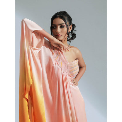 GEE SIN by Geetanjali Singh Peach One Shoulder Kaftan Drape Dress