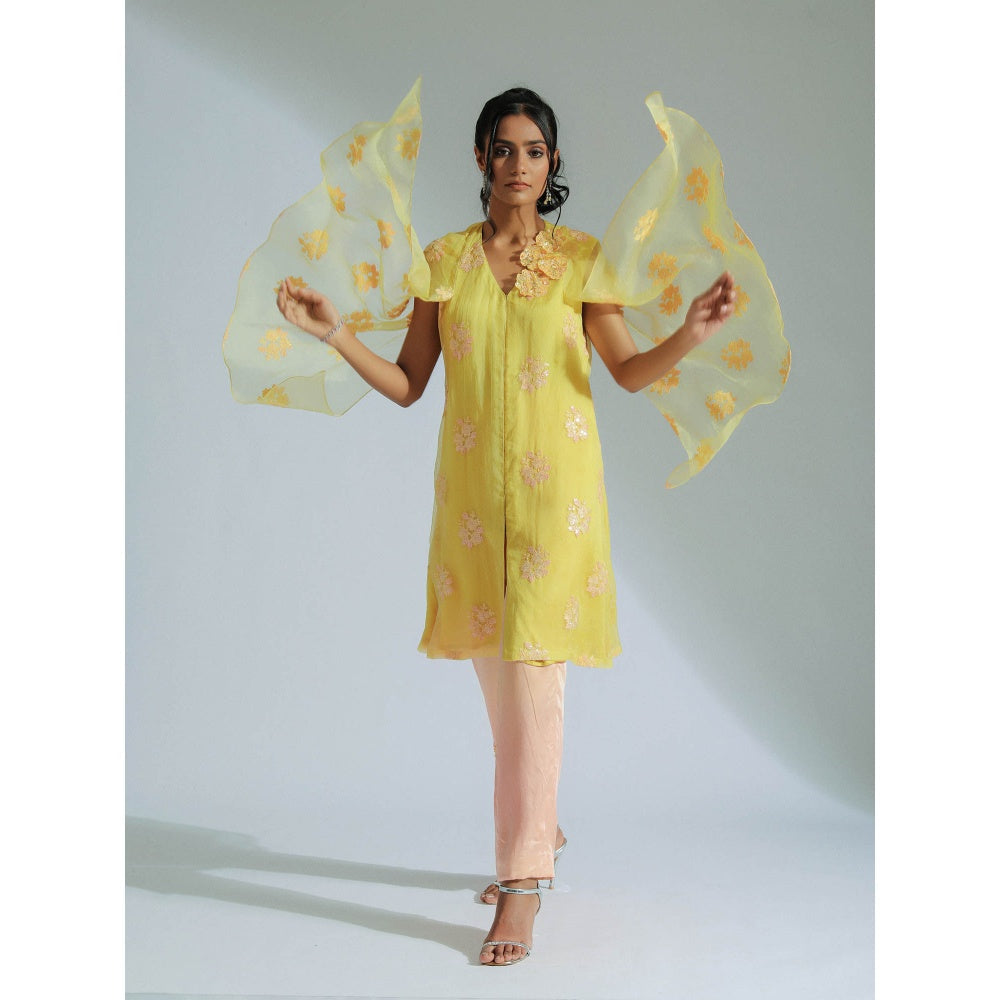 GEE SIN by Geetanjali Singh Melon Yellow Tunic & Trouser with Cape Sleeves (Set of 2)