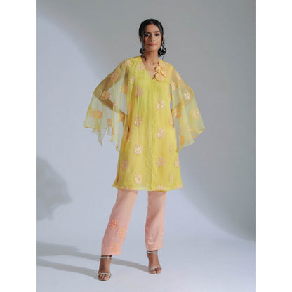GEE SIN by Geetanjali Singh Melon Yellow Tunic & Trouser with Cape Sleeves (Set of 2)