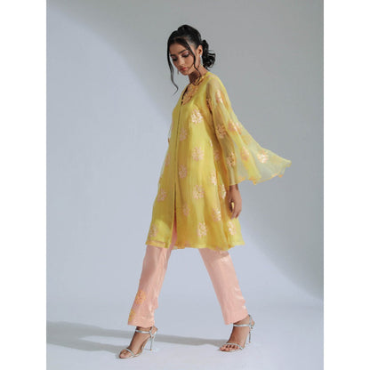 GEE SIN by Geetanjali Singh Melon Yellow Tunic & Trouser with Cape Sleeves (Set of 2)