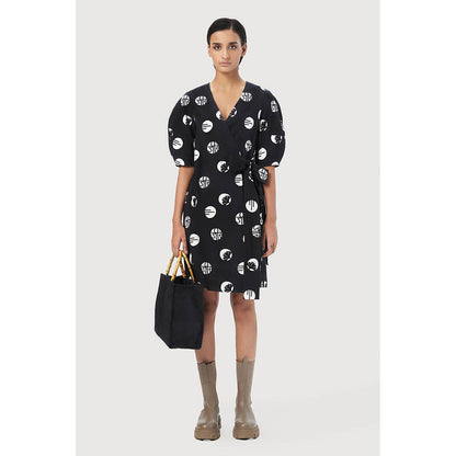Genes Lecoanet Hemant Black Printed Wrap-Around Dress with Tie-Up Straps