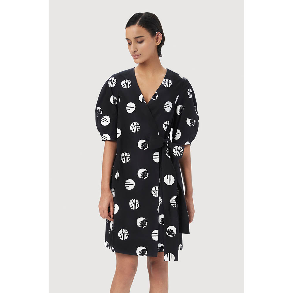 Genes Lecoanet Hemant Black Printed Wrap-Around Dress with Tie-Up Straps