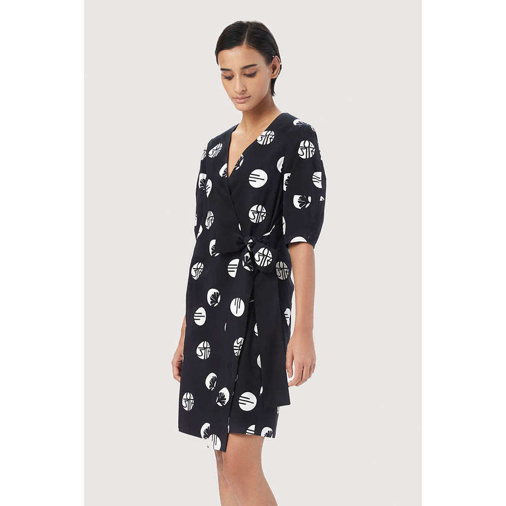 Genes Lecoanet Hemant Black Printed Wrap-Around Dress with Tie-Up Straps