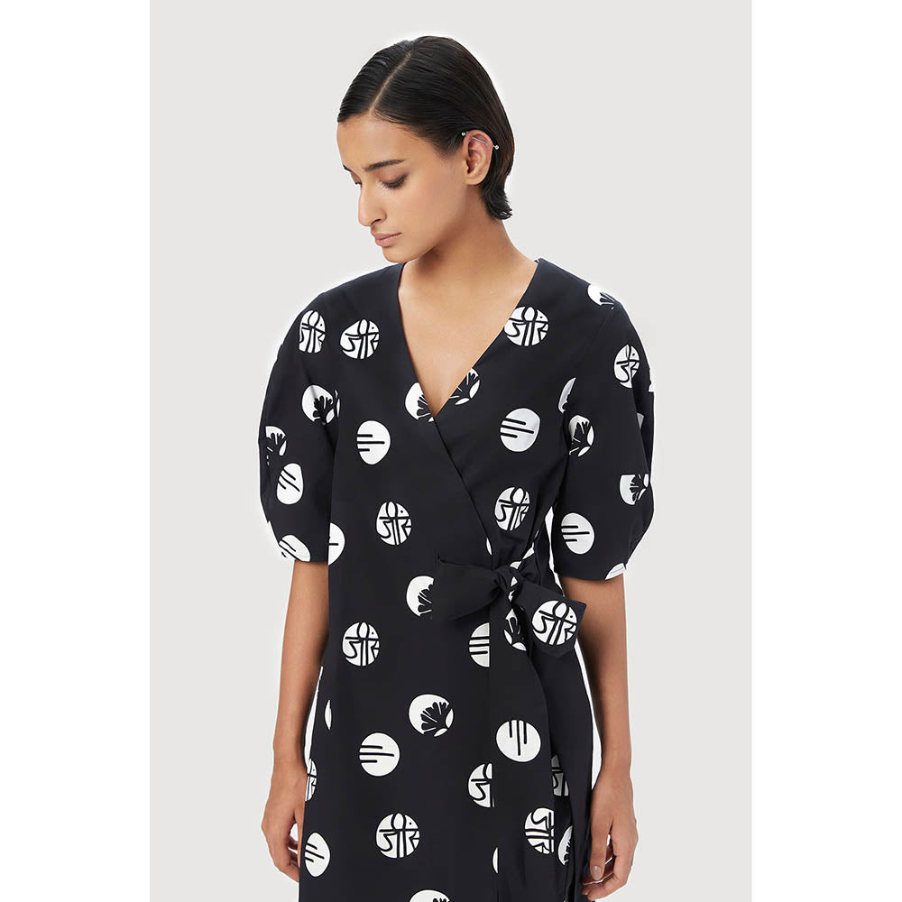 Genes Lecoanet Hemant Black Printed Wrap-Around Dress with Tie-Up Straps
