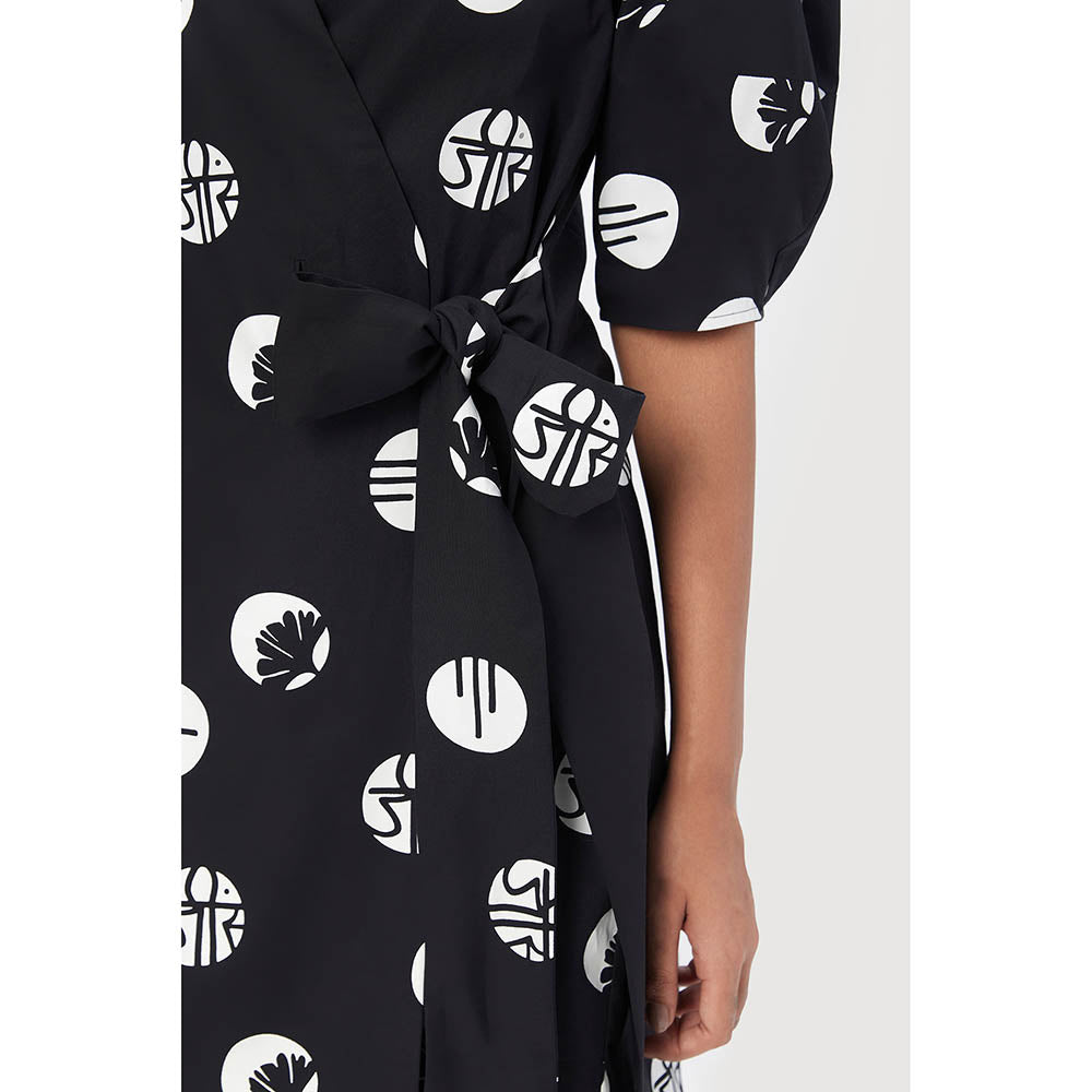 Genes Lecoanet Hemant Black Printed Wrap-Around Dress with Tie-Up Straps