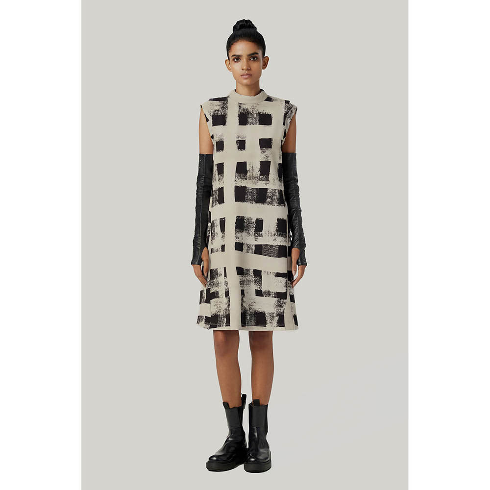Genes Lecoanet Hemant White and Black Checks Print Sleeveless Dress