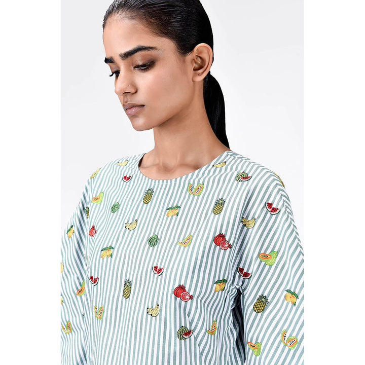 Genes Lecoanet Hemant Striped Cotton Dress With Embroidered Fruit Motifs