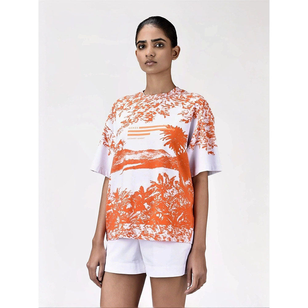 Genes Lecoanet Hemant Womens Coral Orange Cotton Printed T-Shirt