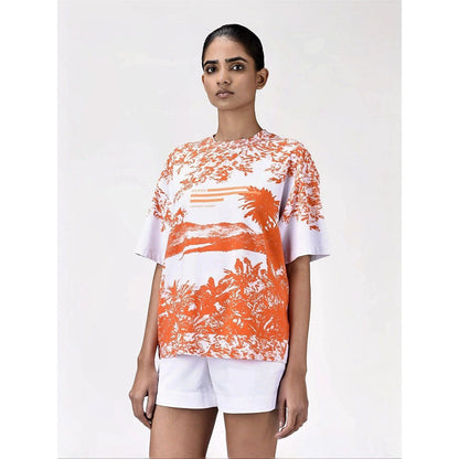 Genes Lecoanet Hemant Womens Coral Orange Cotton Printed T-Shirt