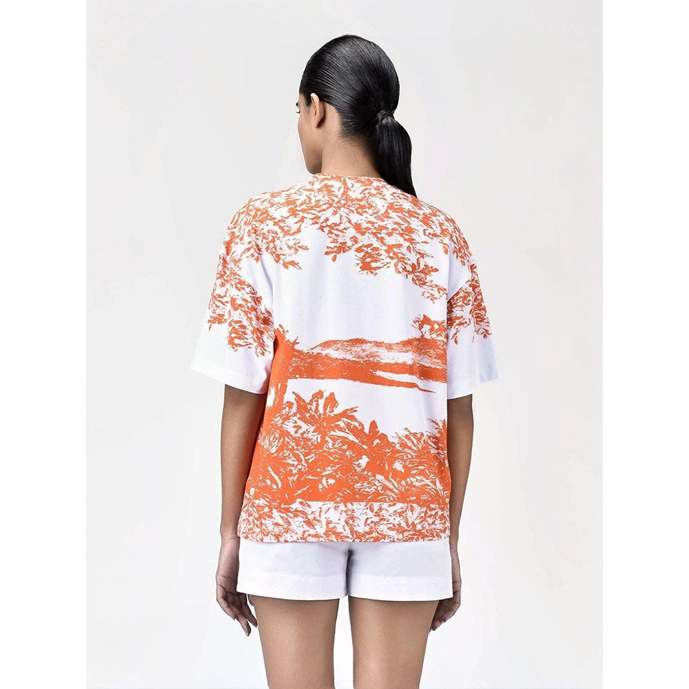 Genes Lecoanet Hemant Womens Coral Orange Cotton Printed T-Shirt