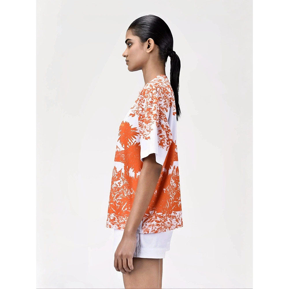 Genes Lecoanet Hemant Womens Coral Orange Cotton Printed T-Shirt