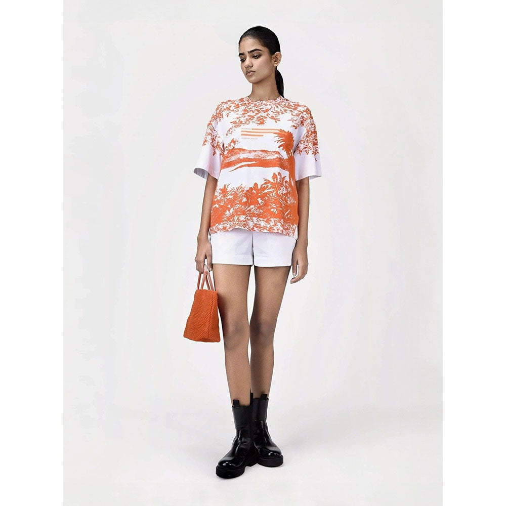 Genes Lecoanet Hemant Womens Coral Orange Cotton Printed T-Shirt
