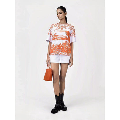 Genes Lecoanet Hemant Womens Coral Orange Cotton Printed T-Shirt