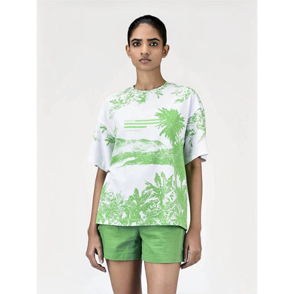 Genes Lecoanet Hemant Womens Green Cotton Printed T-Shirt