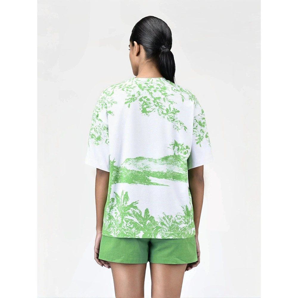 Genes Lecoanet Hemant Womens Green Cotton Printed T-Shirt