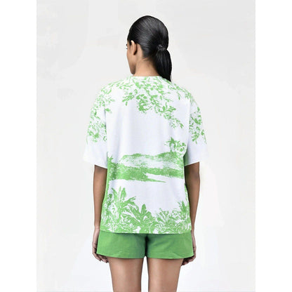 Genes Lecoanet Hemant Womens Green Cotton Printed T-Shirt