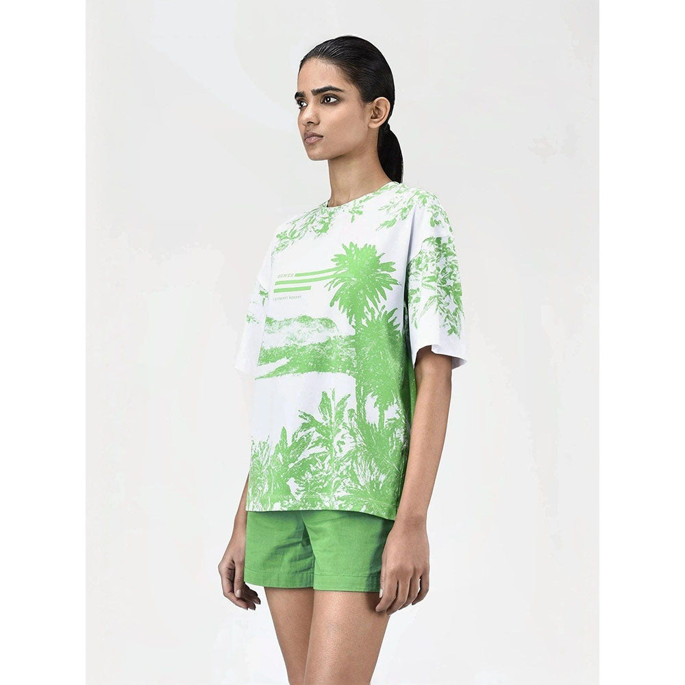 Genes Lecoanet Hemant Womens Green Cotton Printed T-Shirt