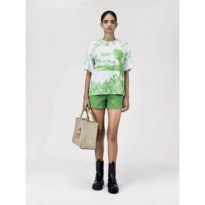 Genes Lecoanet Hemant Womens Green Cotton Printed T-Shirt