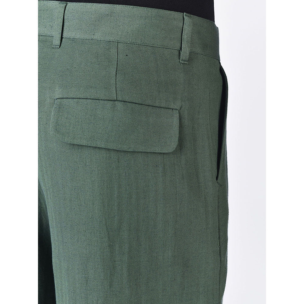 Genes Lecoanet Hemant Mens Green Linen Regular Fit Trouser