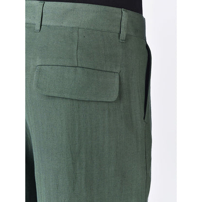 Genes Lecoanet Hemant Mens Green Linen Regular Fit Trouser