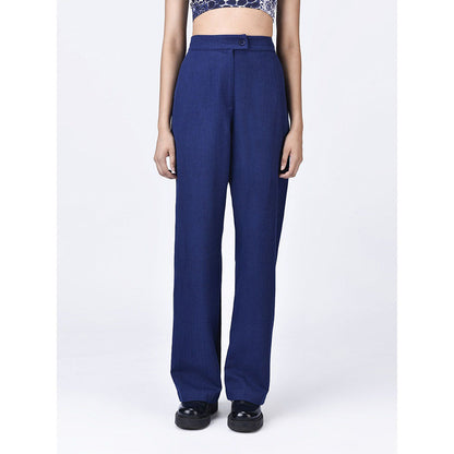 Genes Lecoanet Hemant Womens Navy Blue Linen Mid Rise Trouser