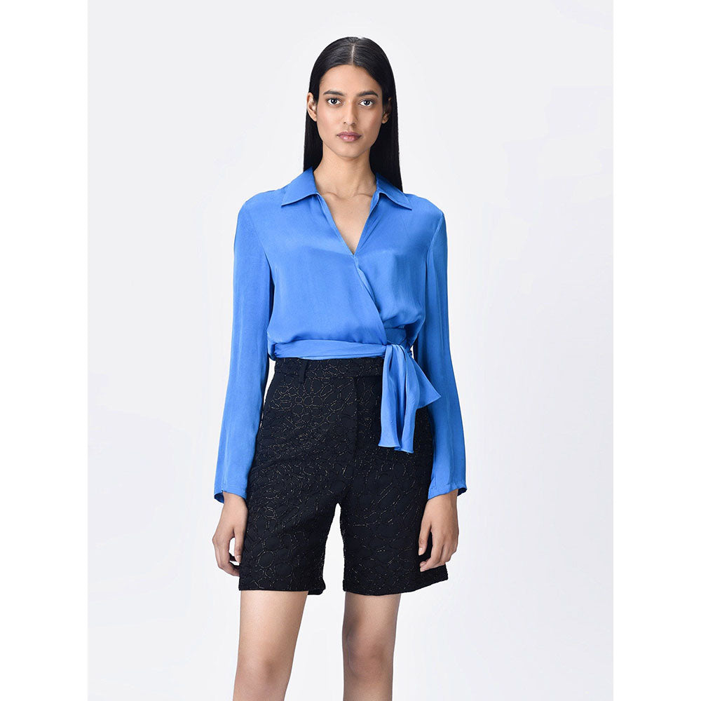 Genes Lecoanet Hemant Women Blue Tie-Knot Solid Regular Fit Shirt