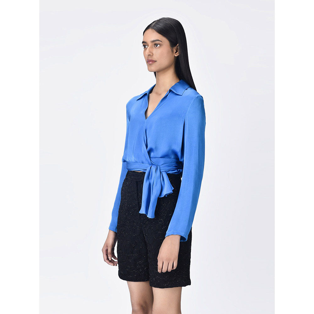 Genes Lecoanet Hemant Women Blue Tie-Knot Solid Regular Fit Shirt
