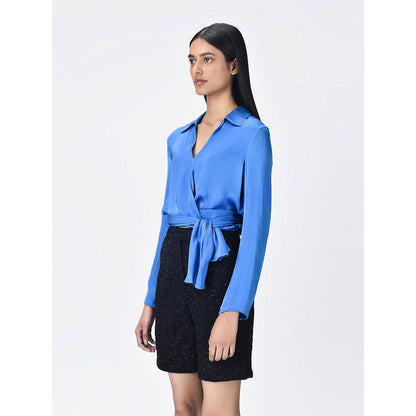 Genes Lecoanet Hemant Women Blue Tie-Knot Solid Regular Fit Shirt