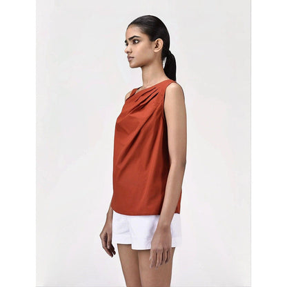Genes Lecoanet Hemant Women Rust Asymmetric Neckline Sleeveless Top