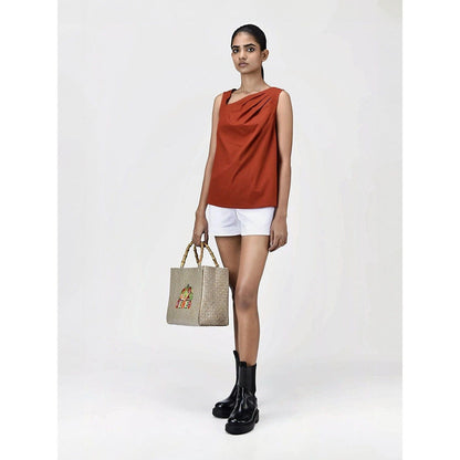 Genes Lecoanet Hemant Women Rust Asymmetric Neckline Sleeveless Top