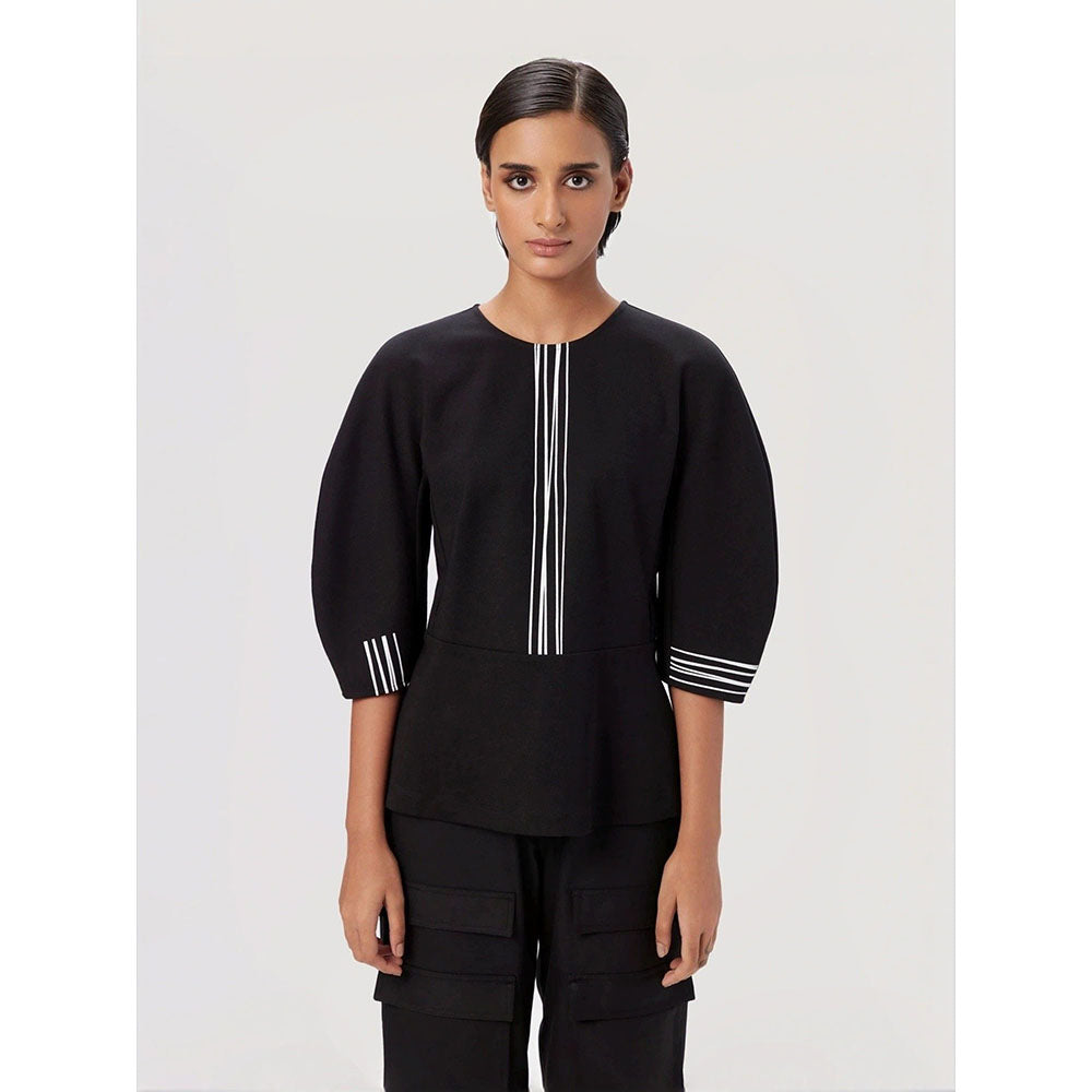 Genes Lecoanet Hemant Women Black Cotton Stripe Printed Top
