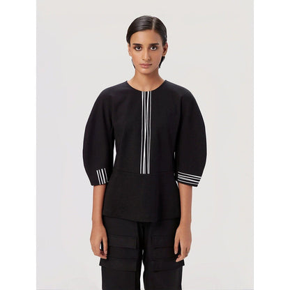 Genes Lecoanet Hemant Women Black Cotton Stripe Printed Top