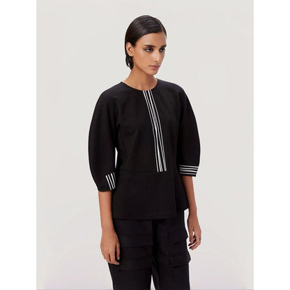 Genes Lecoanet Hemant Women Black Cotton Stripe Printed Top