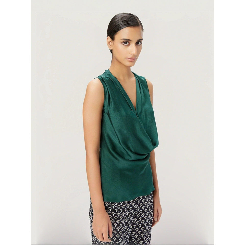 Genes Lecoanet Hemant Women Green Cowl Neck Sleeveless Top