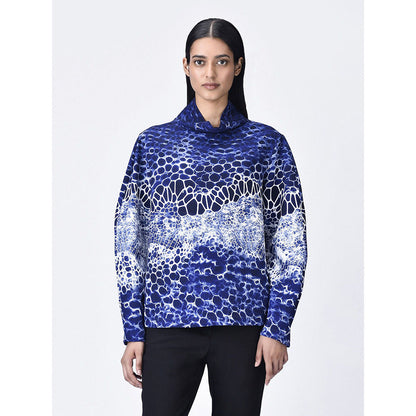 Genes Lecoanet Hemant Women Navy Blue High Neck Printed Top