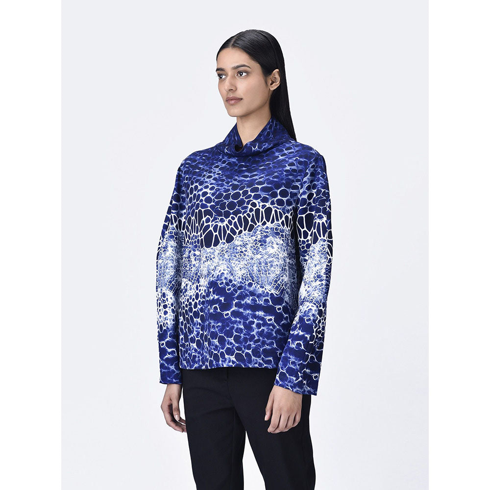 Genes Lecoanet Hemant Women Navy Blue High Neck Printed Top