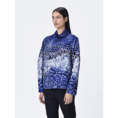 Genes Lecoanet Hemant Women Navy Blue High Neck Printed Top
