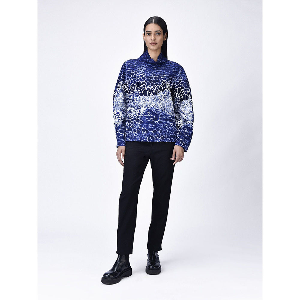 Genes Lecoanet Hemant Women Navy Blue High Neck Printed Top
