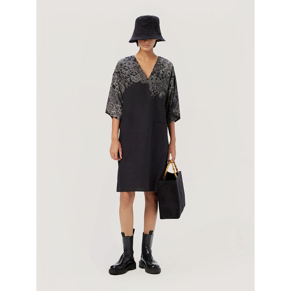 Genes Lecoanet Hemant Women's Black Printed Knee Length Dress