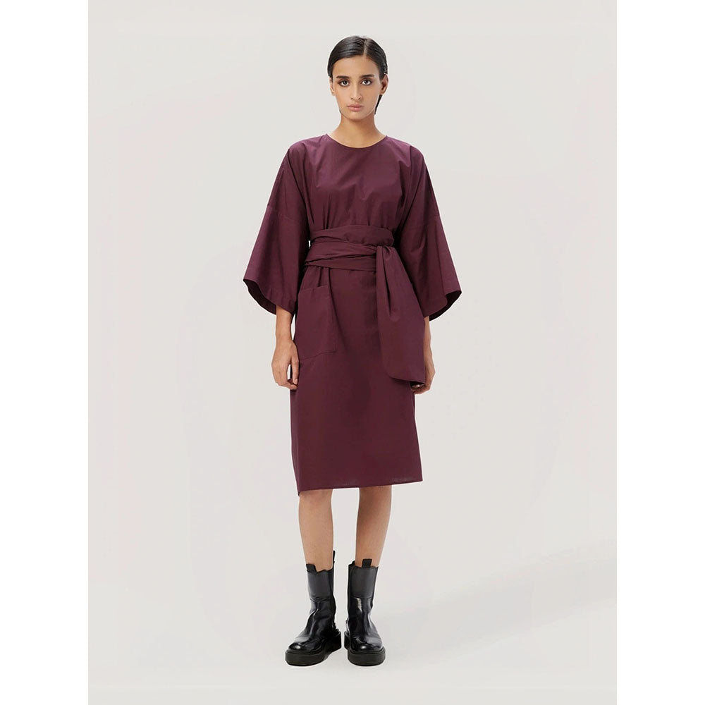 Genes Lecoanet Hemant Women's Purple Solid Knee Length Dress with Belt (Set of 2)