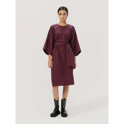 Genes Lecoanet Hemant Women's Purple Solid Knee Length Dress with Belt (Set of 2)