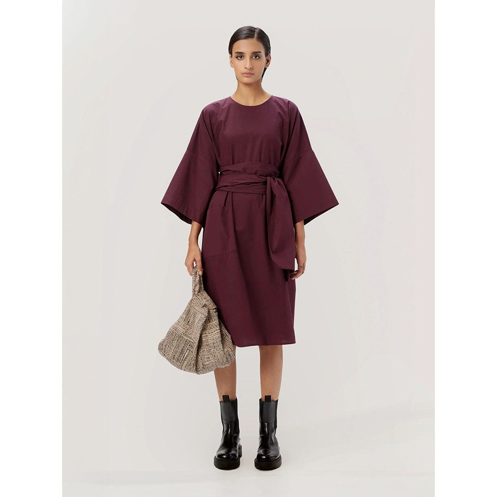 Genes Lecoanet Hemant Women's Purple Solid Knee Length Dress with Belt (Set of 2)