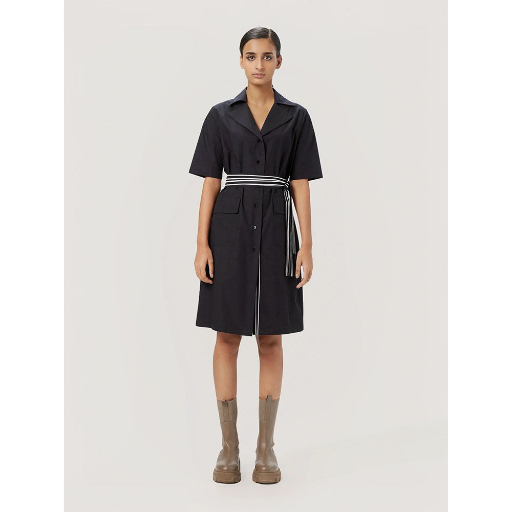 Genes Lecoanet Hemant Women's Black Solid Knee Length Dress with Belt (Set of 2)