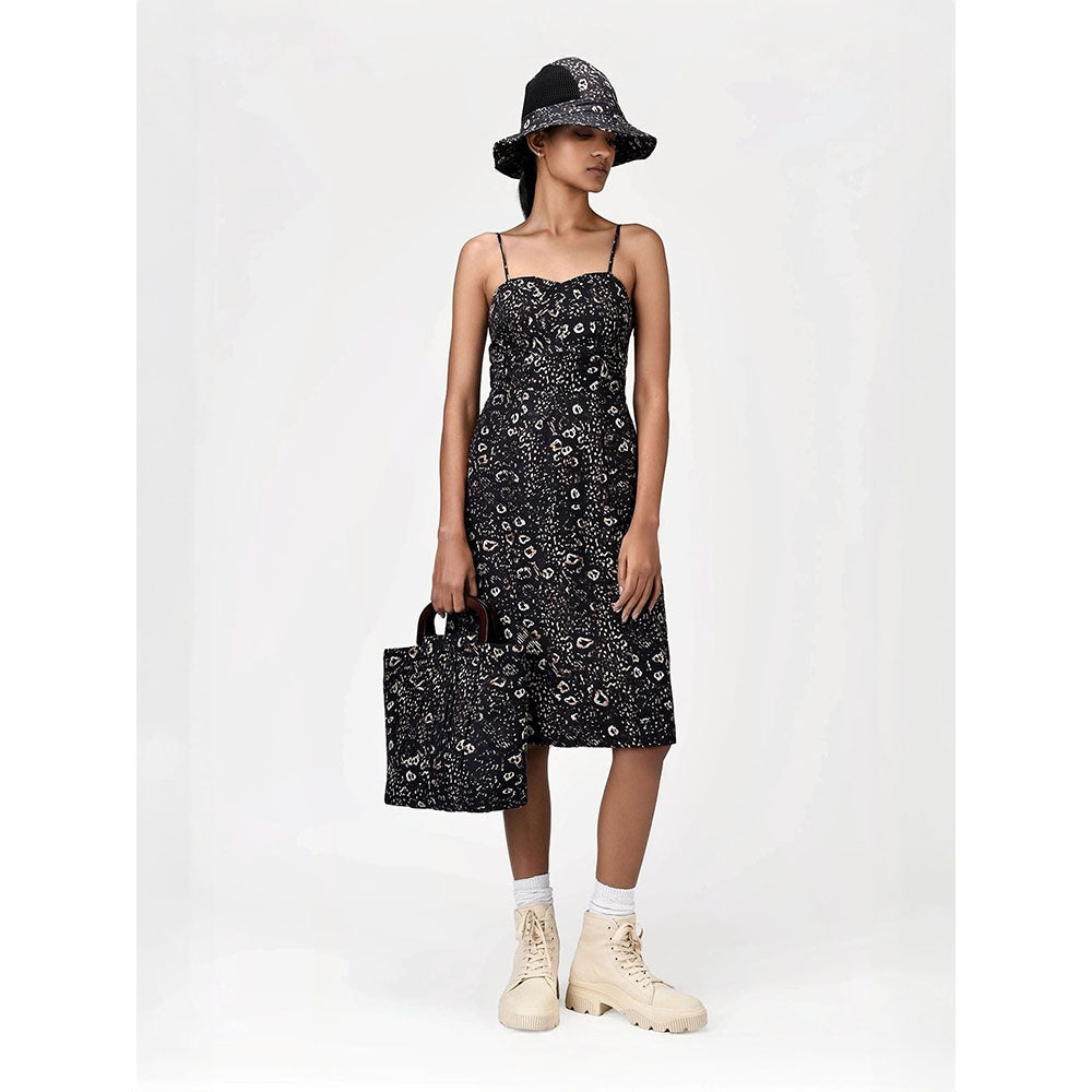 Genes Lecoanet Hemant Women's Black Printed Knee Length Dress