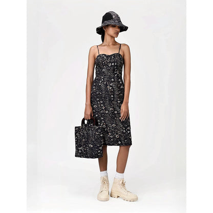 Genes Lecoanet Hemant Women's Black Printed Knee Length Dress